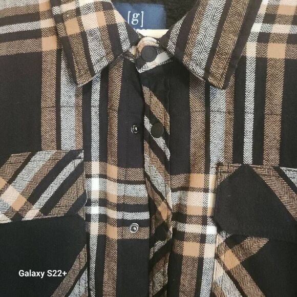 O16 George mens black/brown/tan plaid flannel black sherpa-lined jacket w snaps - Picture 3 of 10